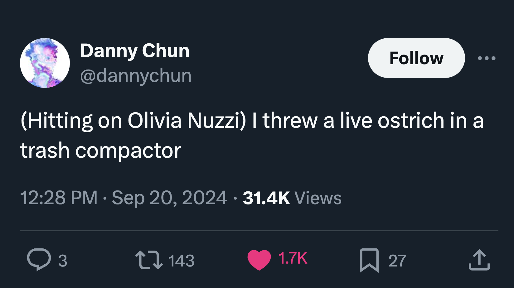 screenshot - Danny Chun Hitting on Olivia Nuzzi I threw a live ostrich in a trash compactor Views 3 27143 27